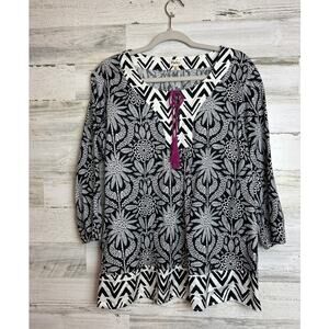 Hatley Women’s M Black White Geometric Print Tie Front 3/4 Sleeve Blouse top